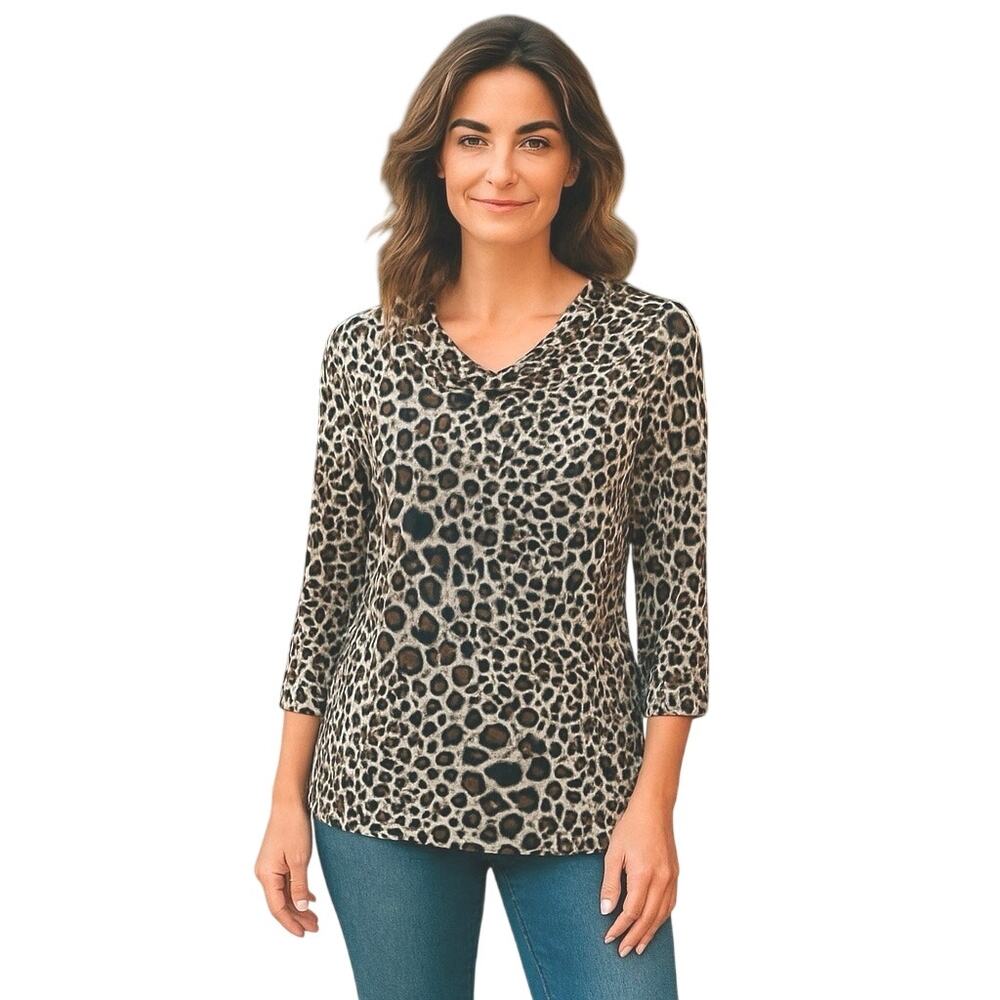 Milano Leopard Print Tunic Top Large Draped Neckline Date Night Quiet Luxury